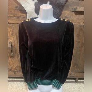 Russ Petites black cotton/polyester shirt with elastic green stripped waist.